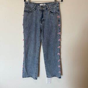 Love Soho Women's Pink Bow Wide Leg Acid Wash Jeans Women Size 7 Feminine Girly